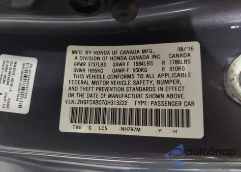 2016 Honda Civic Lx-P из США, поврежденный, VIN 2HGFC4B07GH313222